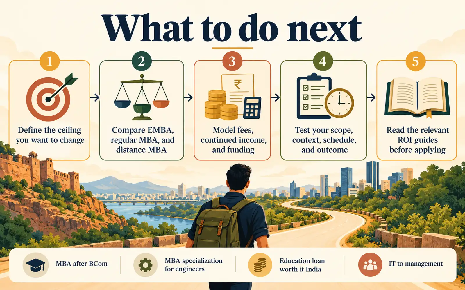 Linear next-step plan for defining an executive MBA goal, comparing formats, modelling cost, testing fit, and reading relevant ROI guides