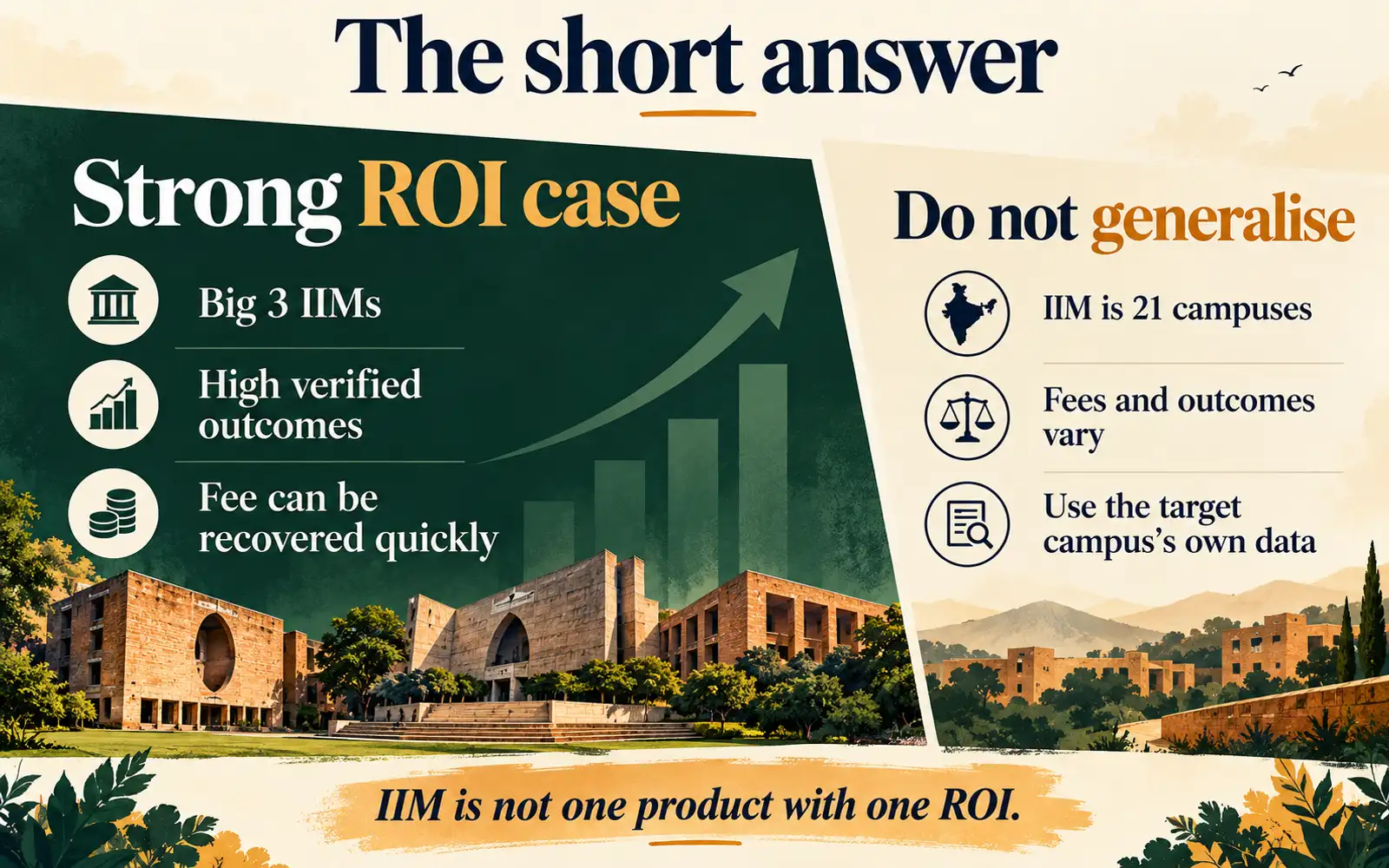 Asymmetrical panel explaining why IIM ROI differs across the Big Three, established, newer, and baby campuses