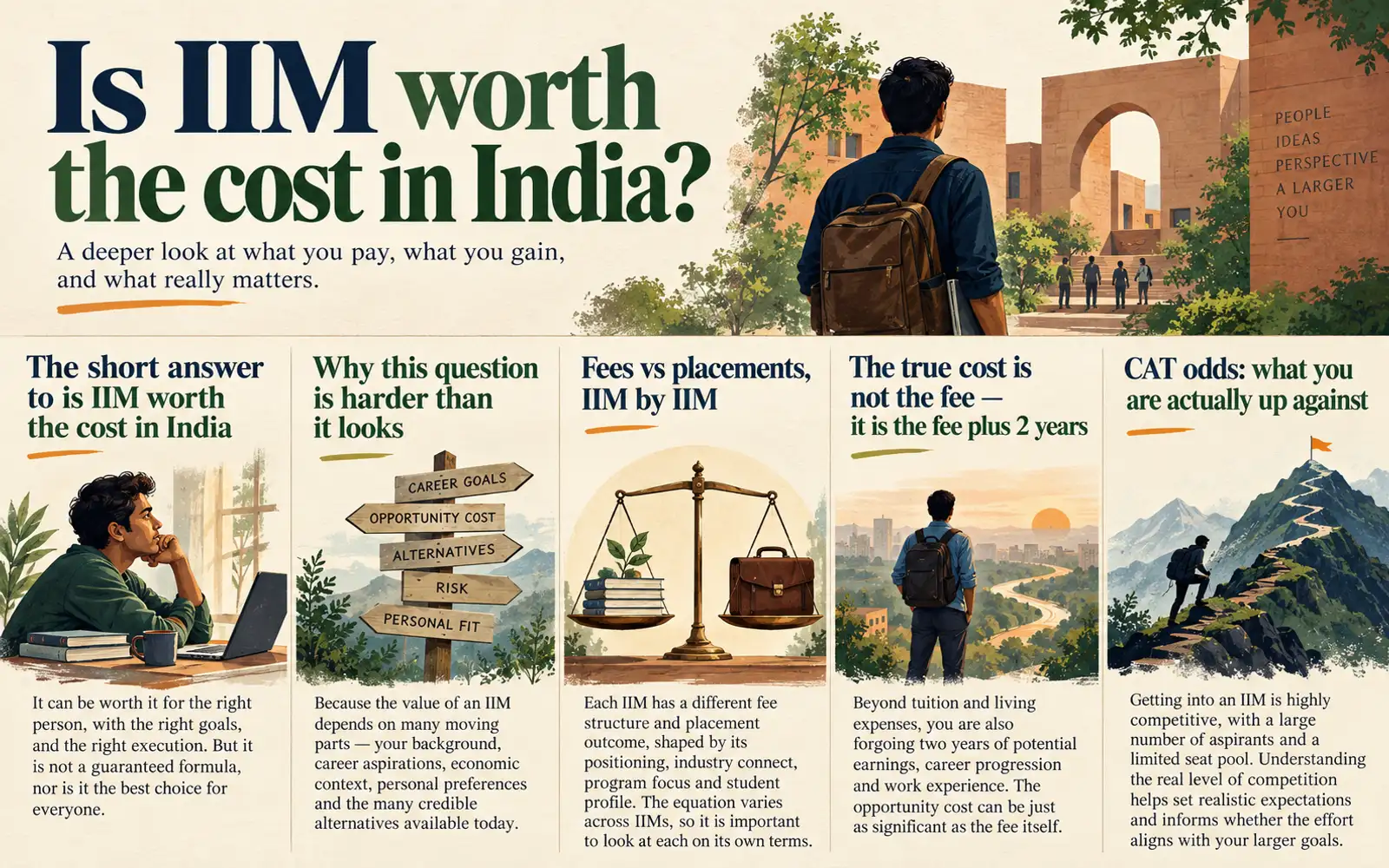 Summary card listing the IIM cost, tier, placement, foregone-income, and CAT-odds questions behind an ROI decision