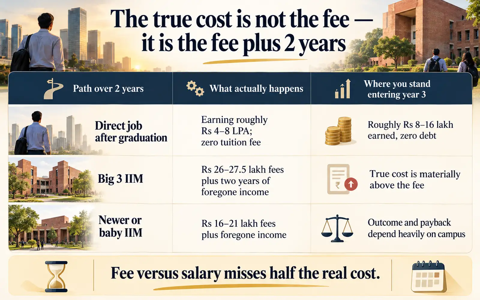 Comparison table showing direct-job income, IIM fees, foregone income, and the true two-year cost of each path