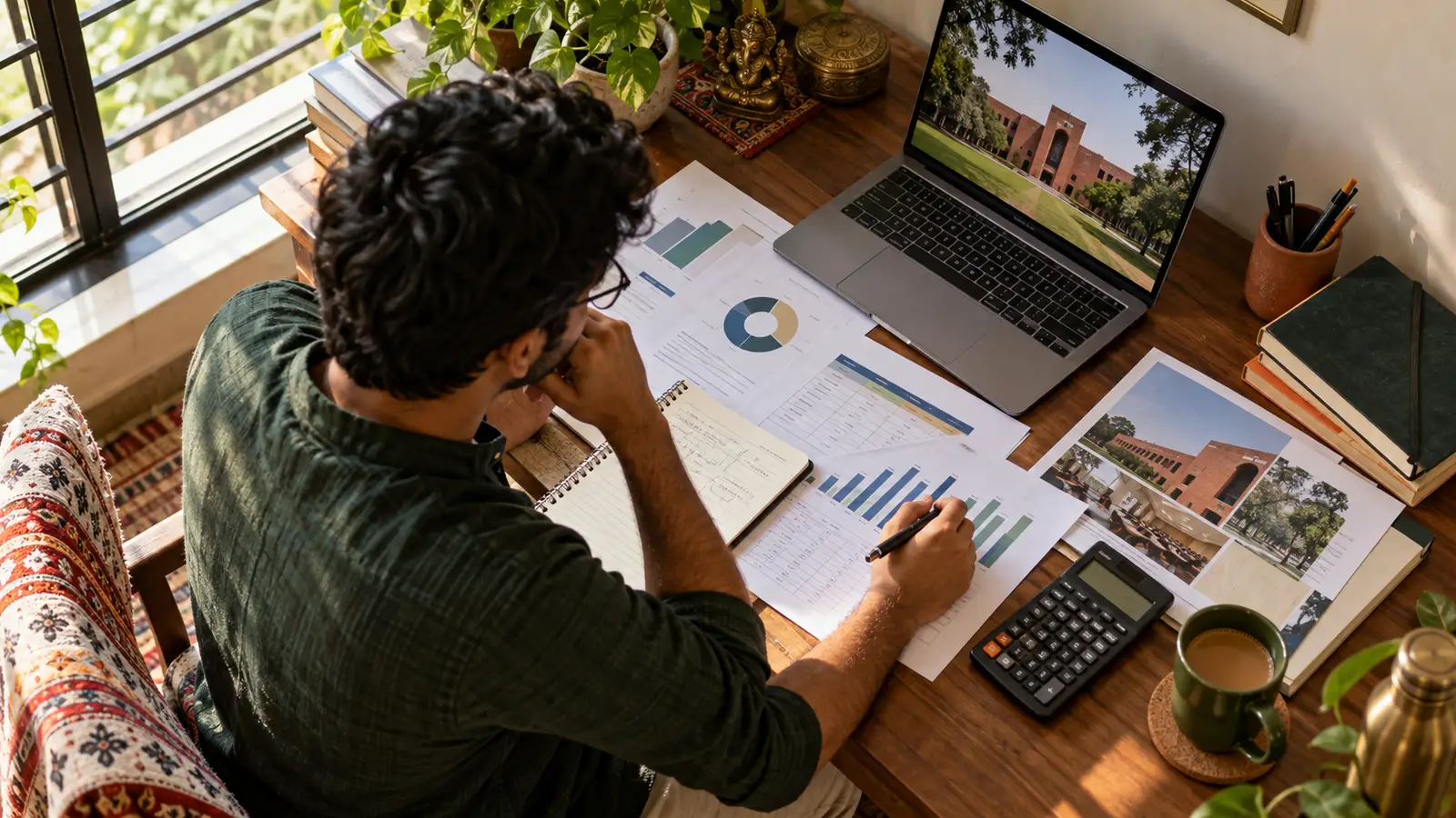 Indian student comparing fee and placement information beside a laptop and calculator in a naturally lit home study corner