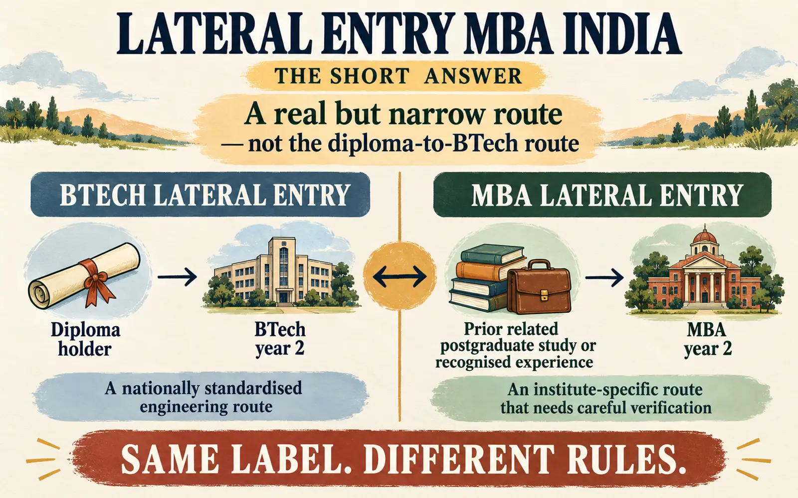 Summary card explaining what lateral entry MBA means, who may qualify, and why the route needs verification