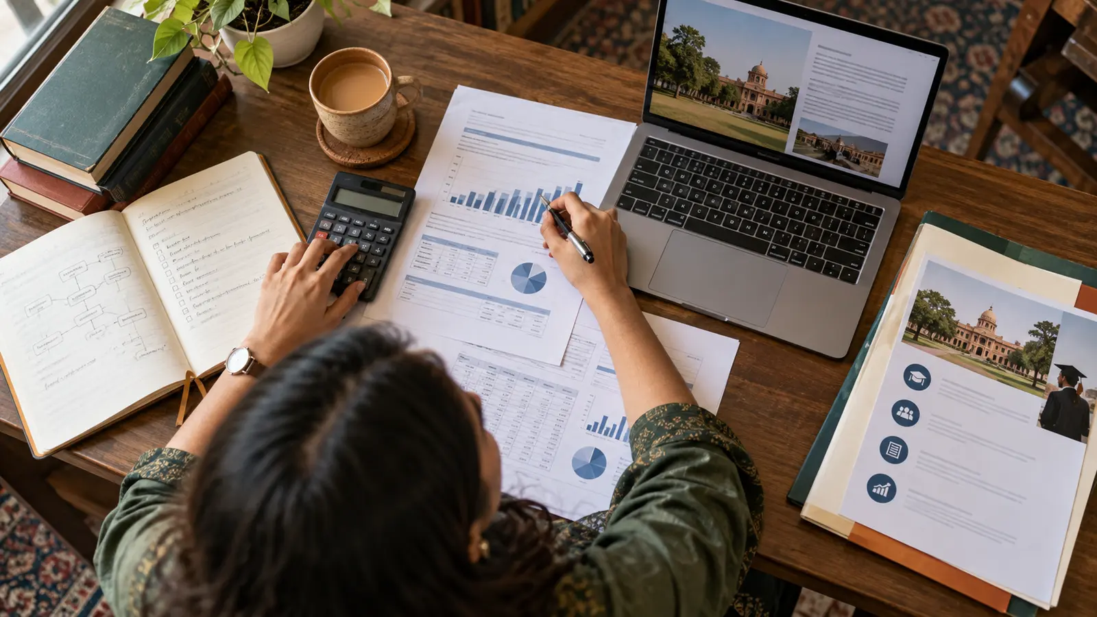 Indian student reviewing an MBA route with a ledger, calculator, laptop and balance-sheet papers