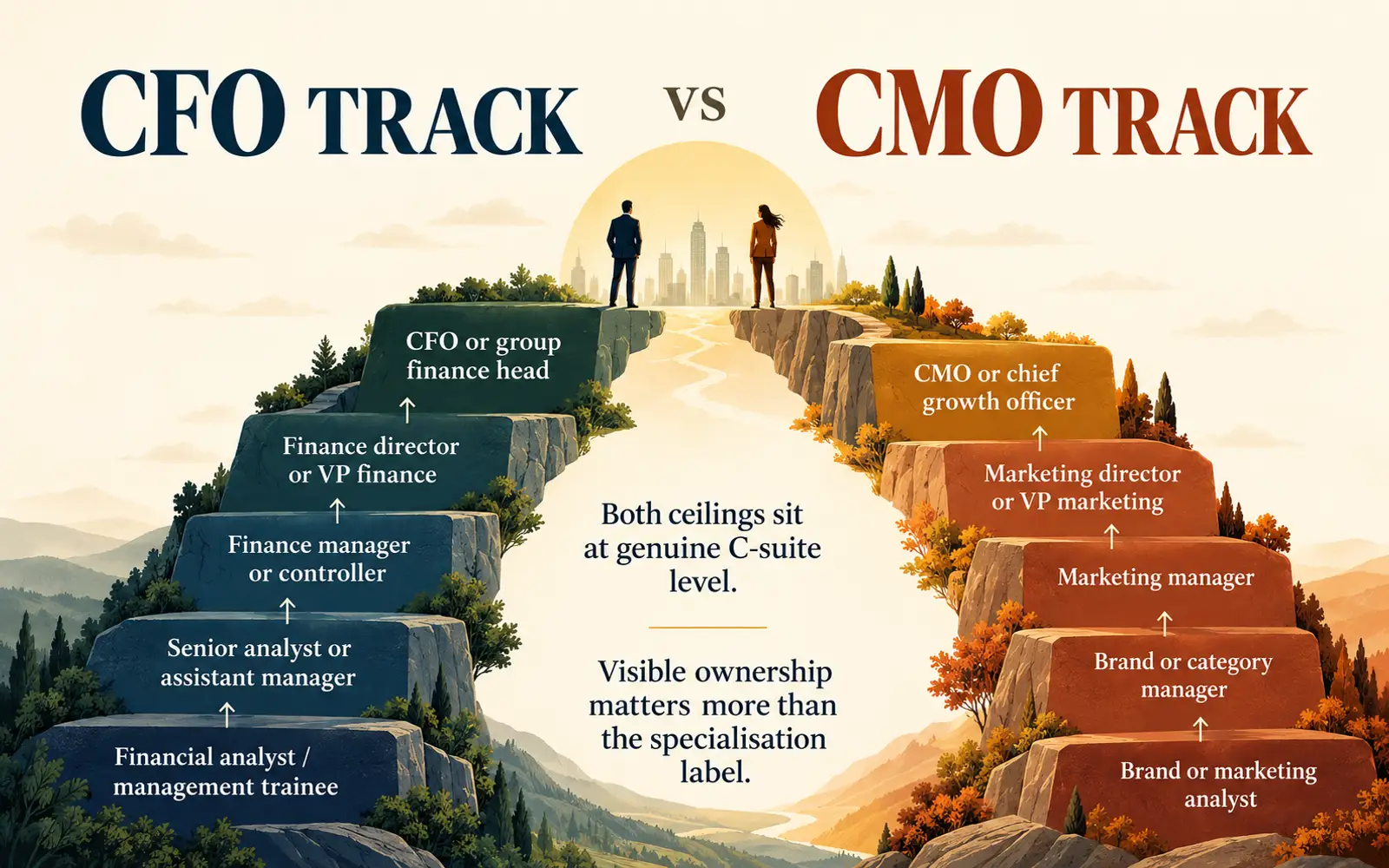 Two career ladders comparing the CFO and CMO tracks from early roles to the C-suite
