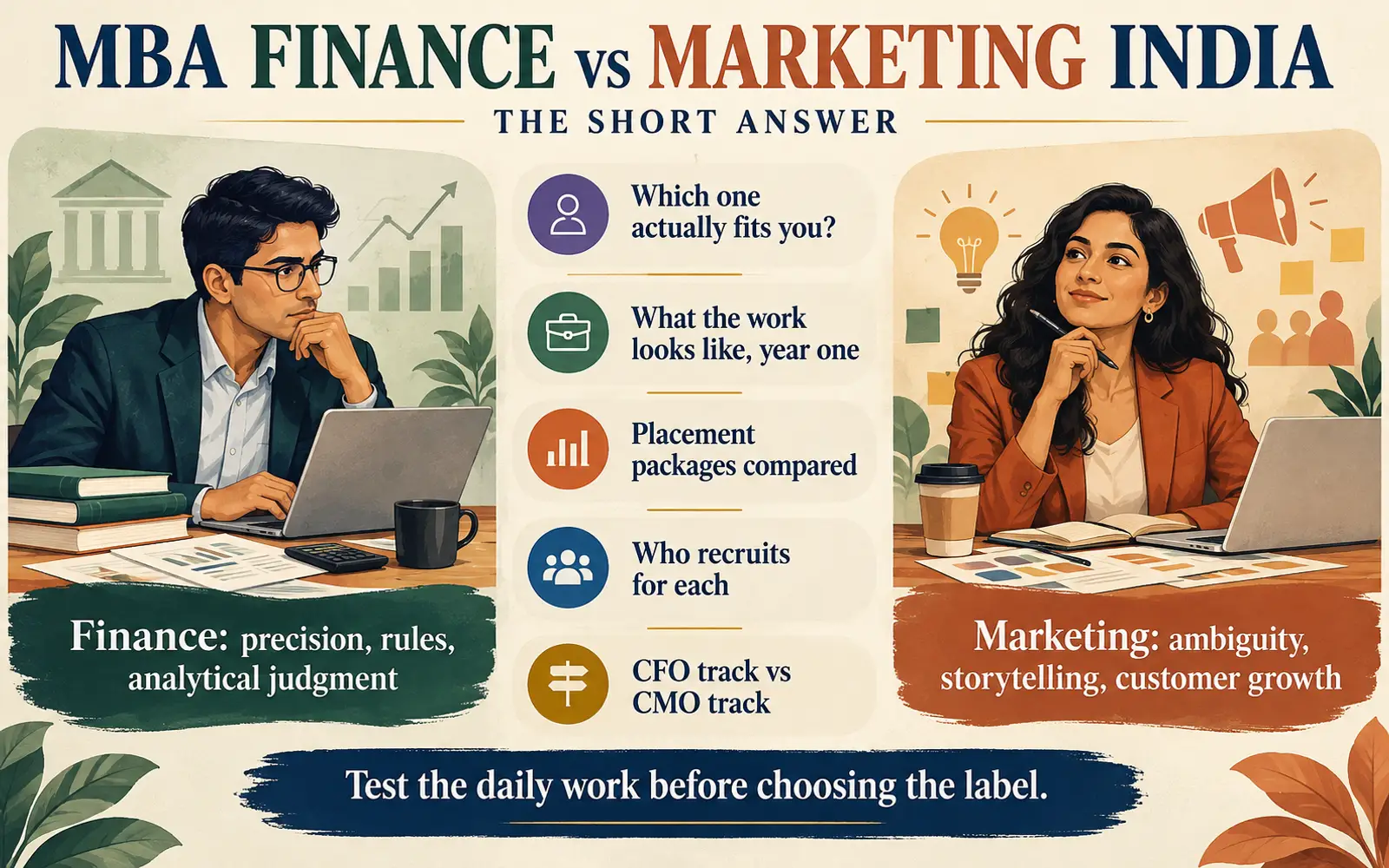 Summary card comparing MBA finance and marketing by fit, work, recruitment and career ceiling