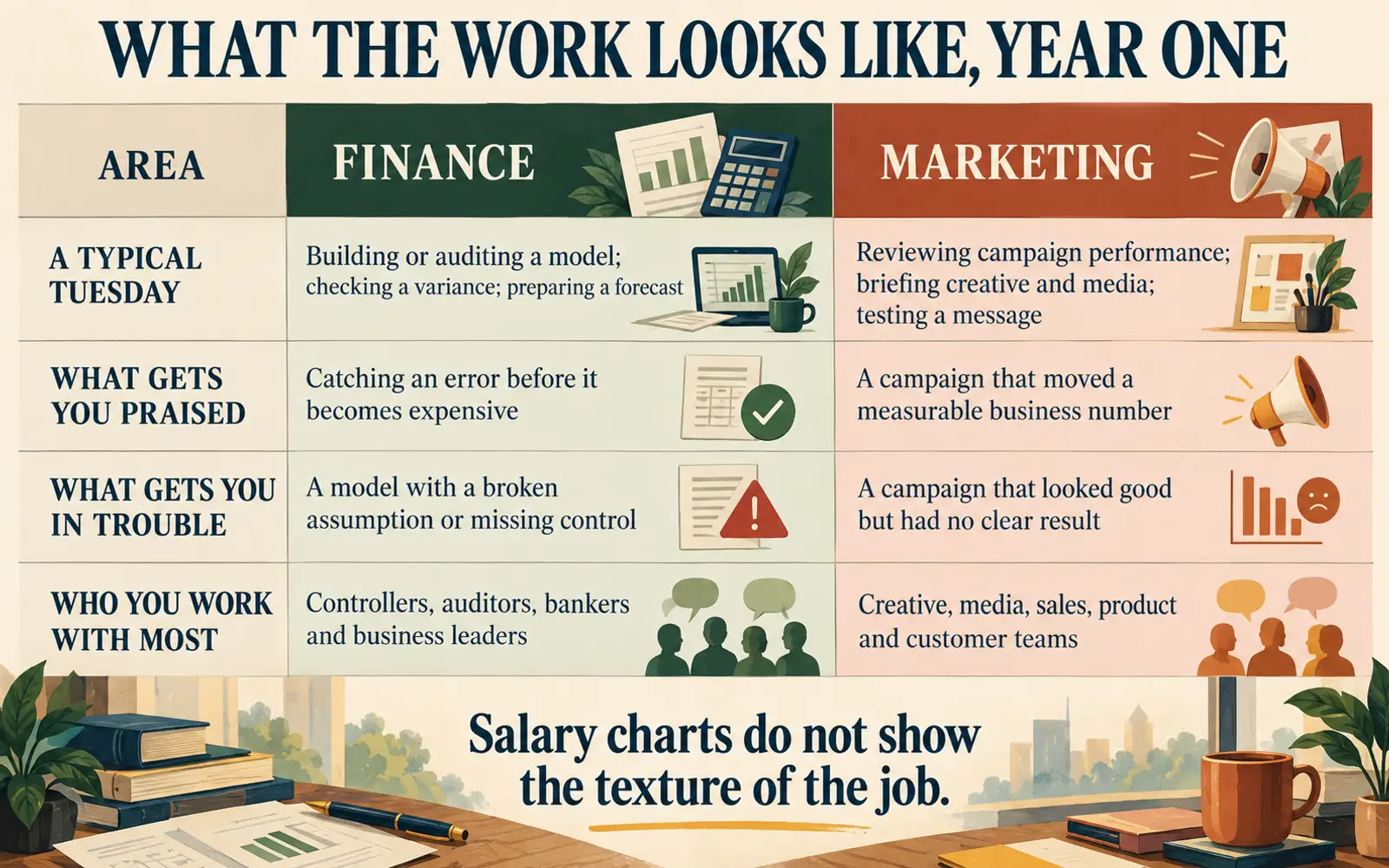 Comparison table showing what finance and marketing work looks like in the first year