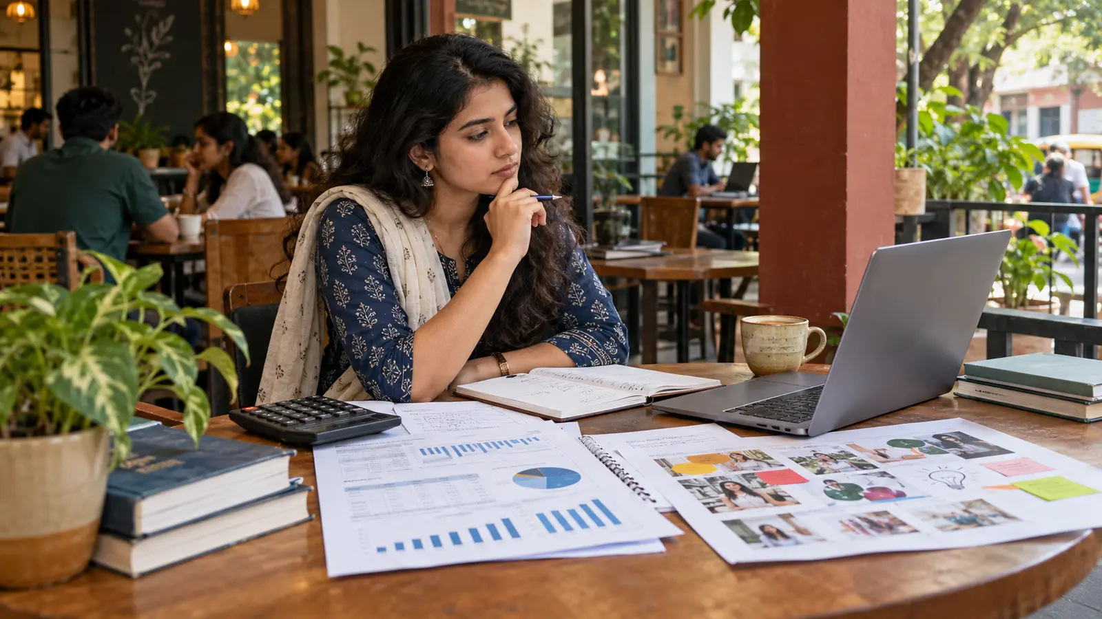 Indian MBA student comparing finance and marketing study materials at a neighbourhood cafe table