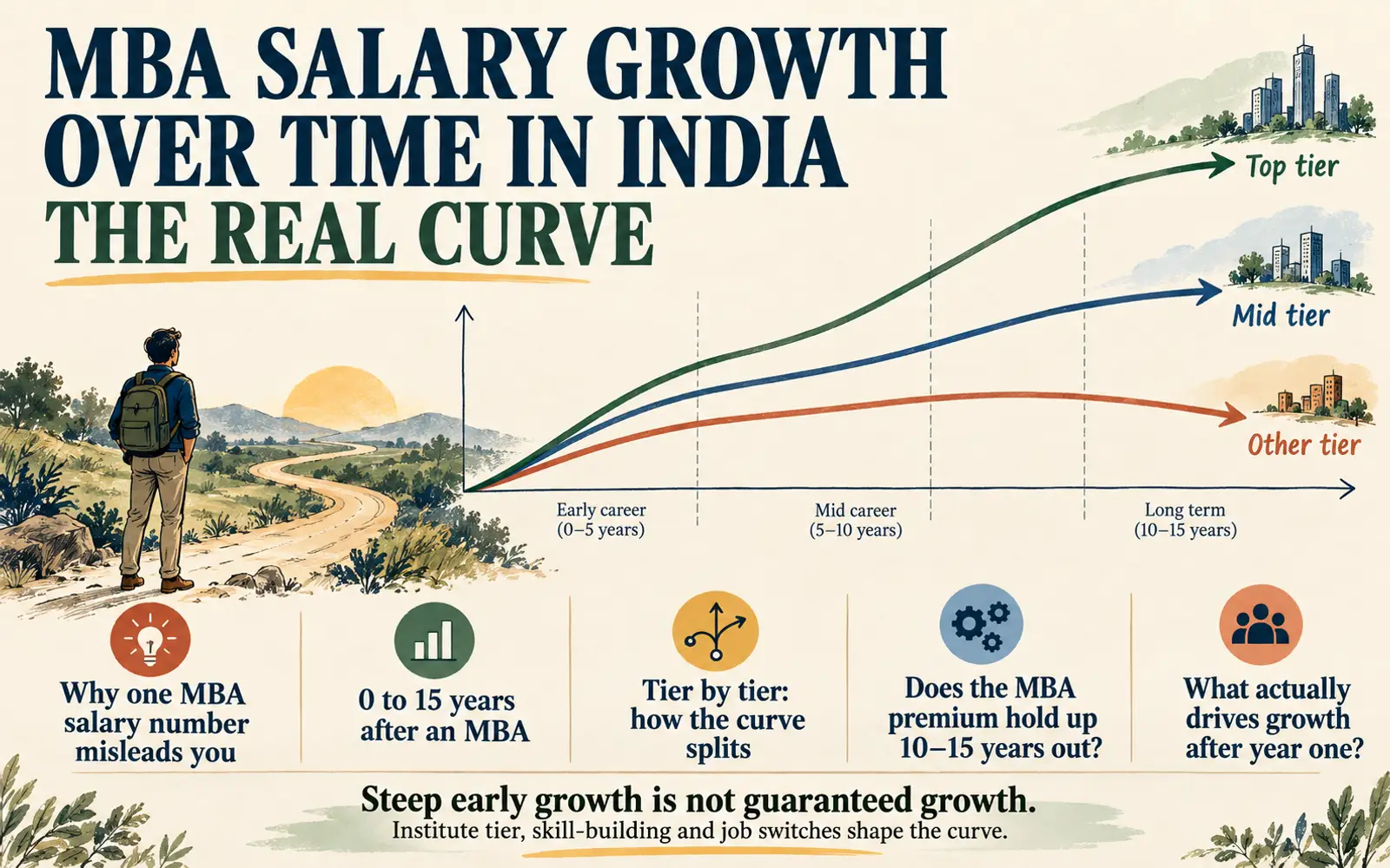 Summary card explaining why MBA salary growth splits by tier over 0 to 15 years