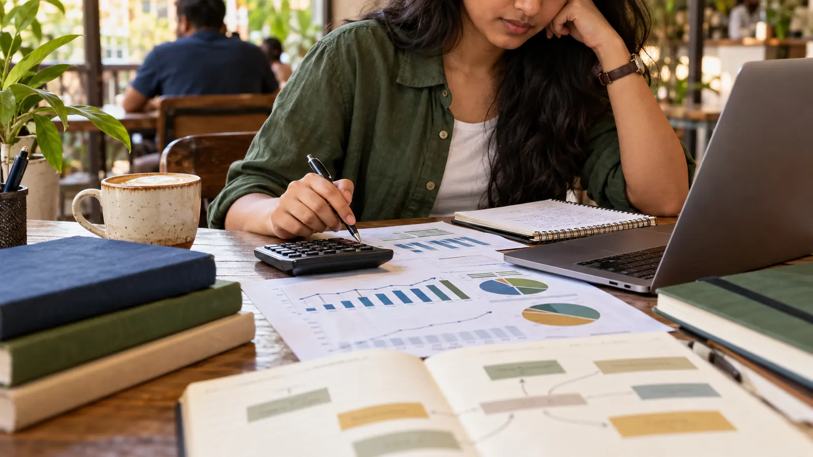 Indian graduate reviewing an MBA salary-growth plan with a ledger, calculator and laptop at a cafe table