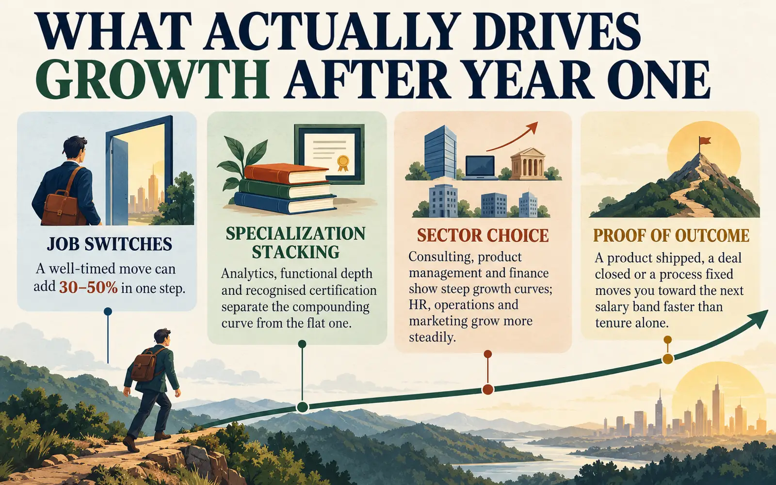 Four connected growth drivers showing job switches, specialization, sector choice and proof of outcomes