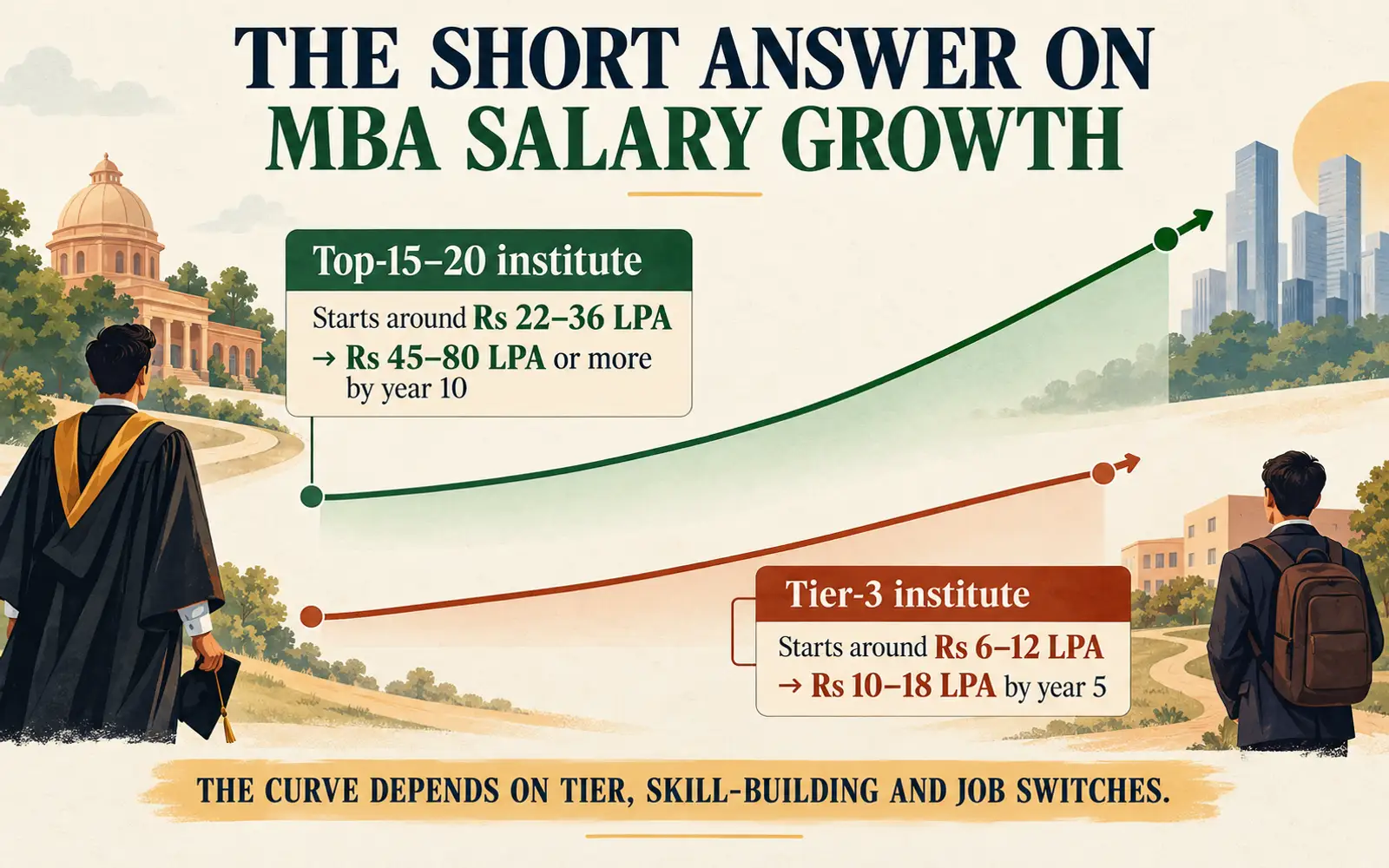 Two salary-growth curves comparing top-15 to 20 institute outcomes with tier-3 outcomes