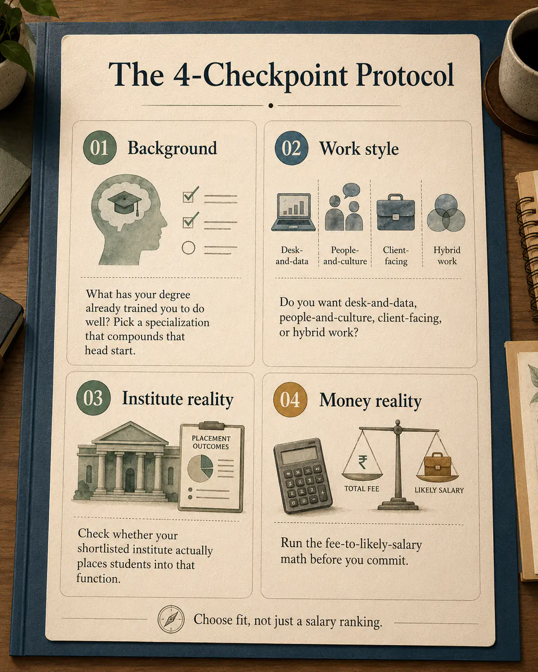 Four-checkpoint MBA specialization framework covering background, work style, institute outcomes, and finances.