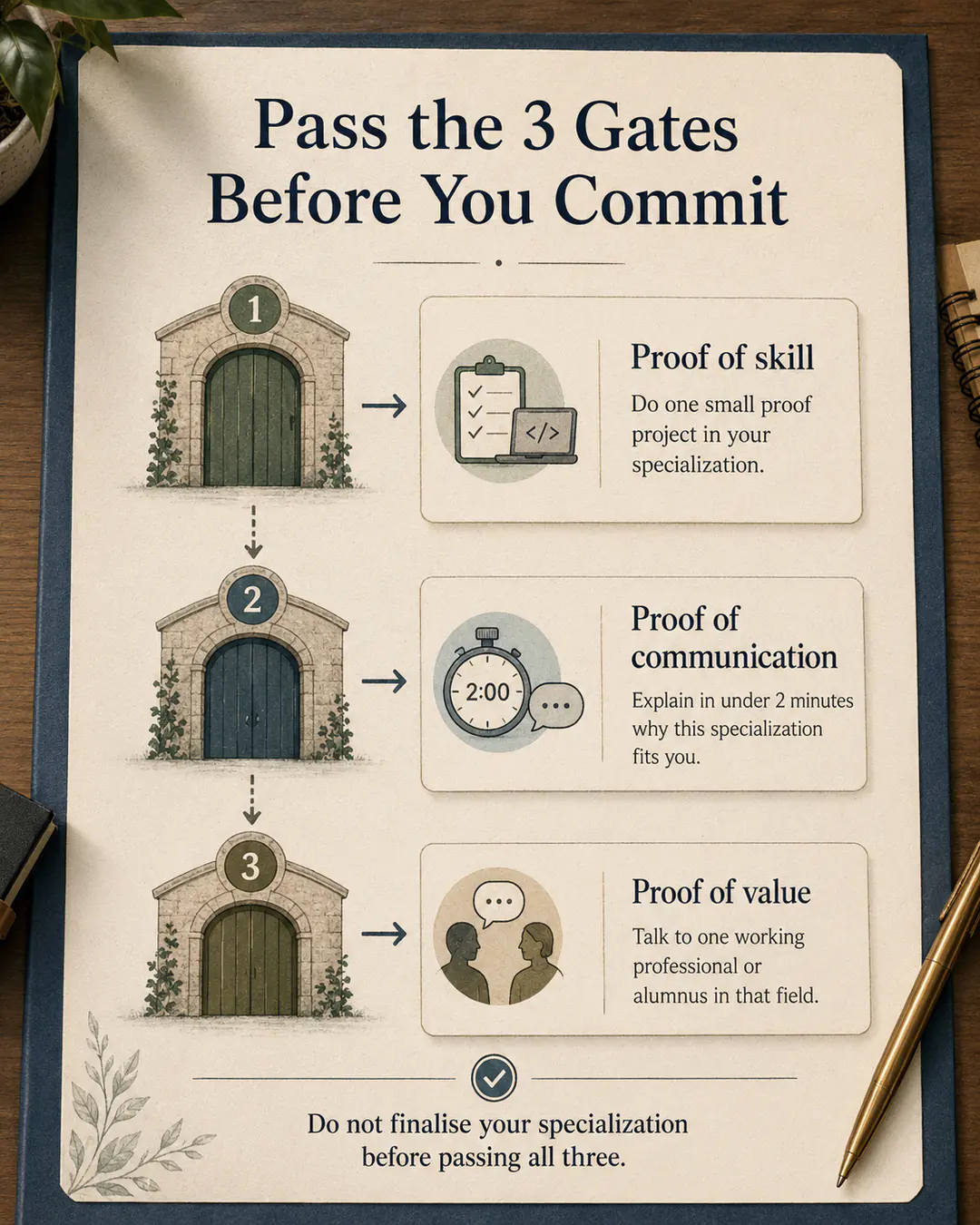 Three gates for choosing an MBA specialization: proof of skill, communication, and value.