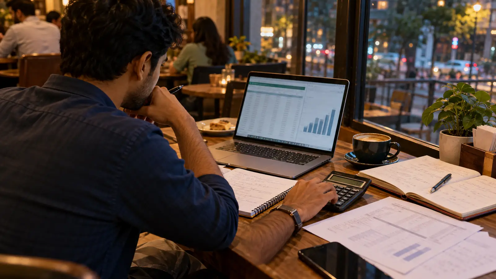 Indian working professional comparing a laptop, calculator, ledger, and career notes at a cafe table while weighing an MBA against a focused certification