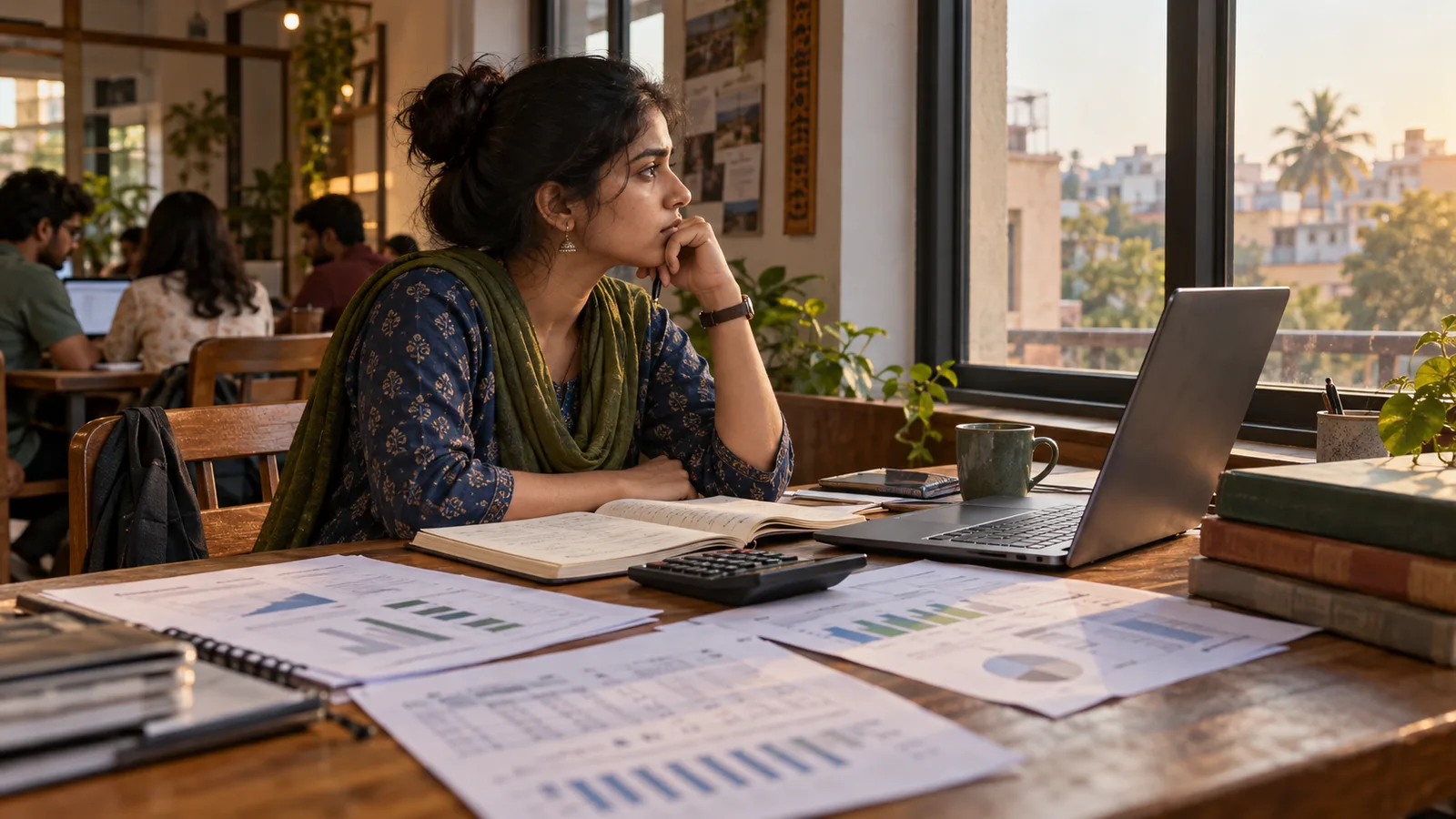 Recent Indian graduate comparing a ledger, calculator, balance-sheet printouts, and laptop in a shared neighbourhood workspace while weighing an MBA now or work experience first