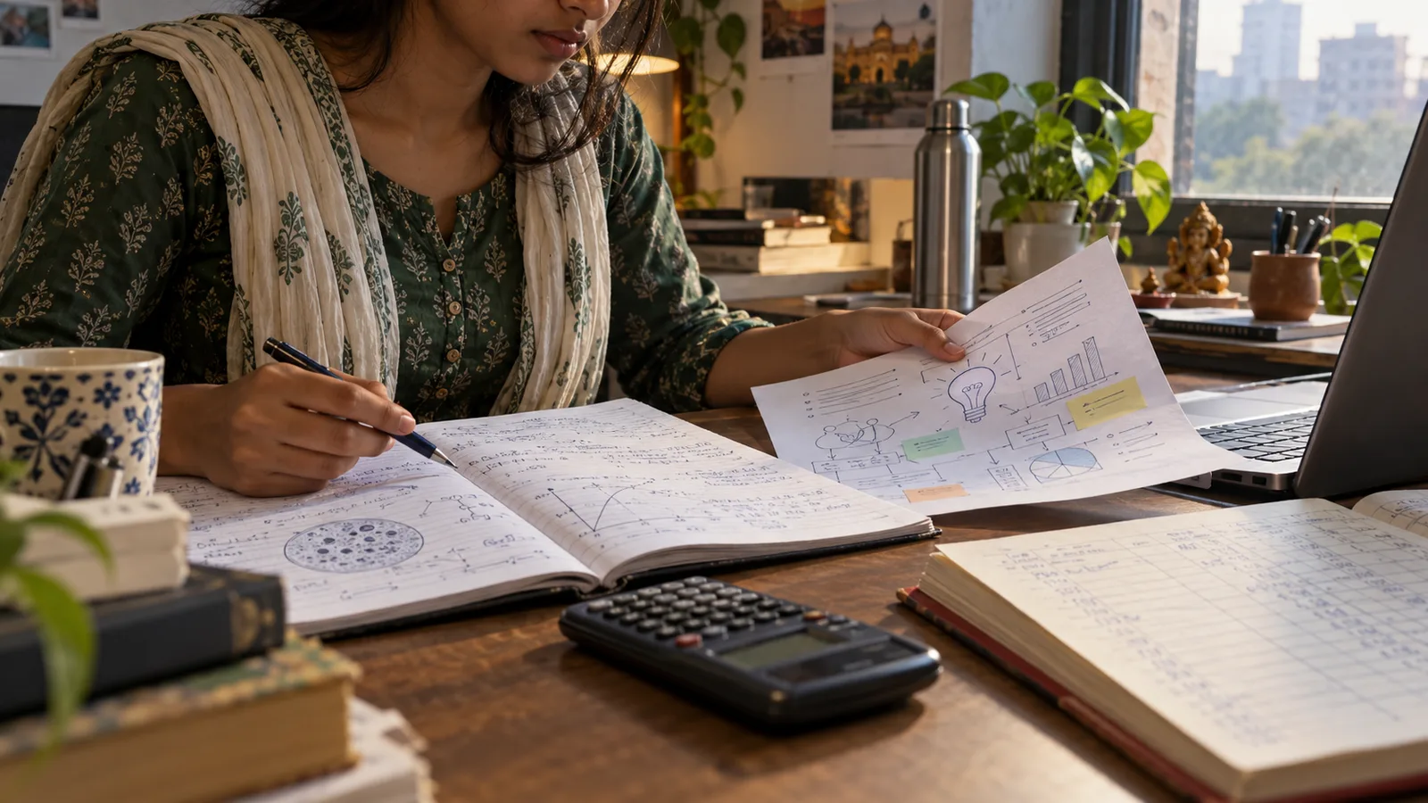 Indian science graduate comparing a scientific notebook, business planning sheet, calculator, ledger, and laptop while weighing an MSc against an MBA