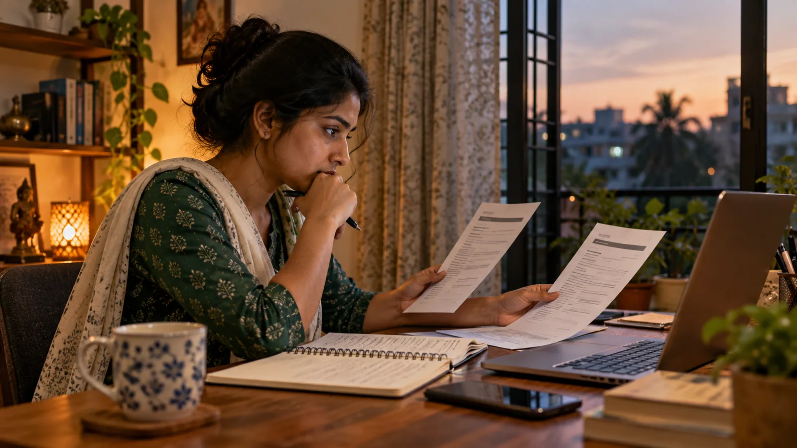 Indian graduate comparing an unreadable resume, job-description sheet, notebook, phone, and laptop while weighing a PhD against an industry role