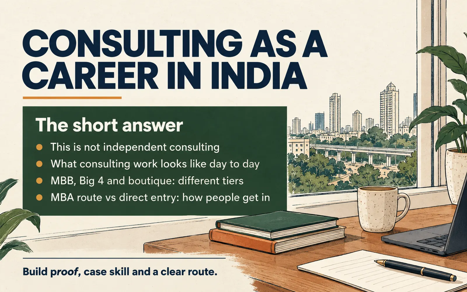 Summary panel explaining consulting as a career in India, the difference from independent consulting, firm tiers and entry routes