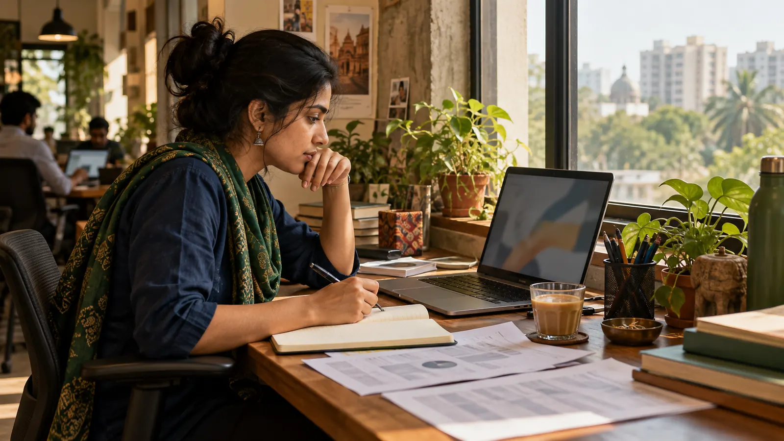 Indian professional preparing for a consulting career at a neighbourhood workspace beside a laptop, notebook and interview papers