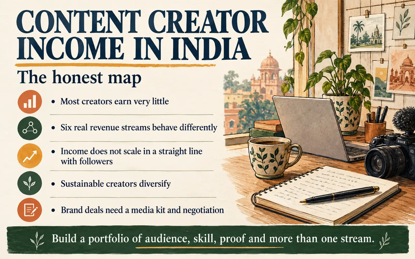Summary panel mapping content creator income in India across six revenue streams, audience size and diversification
