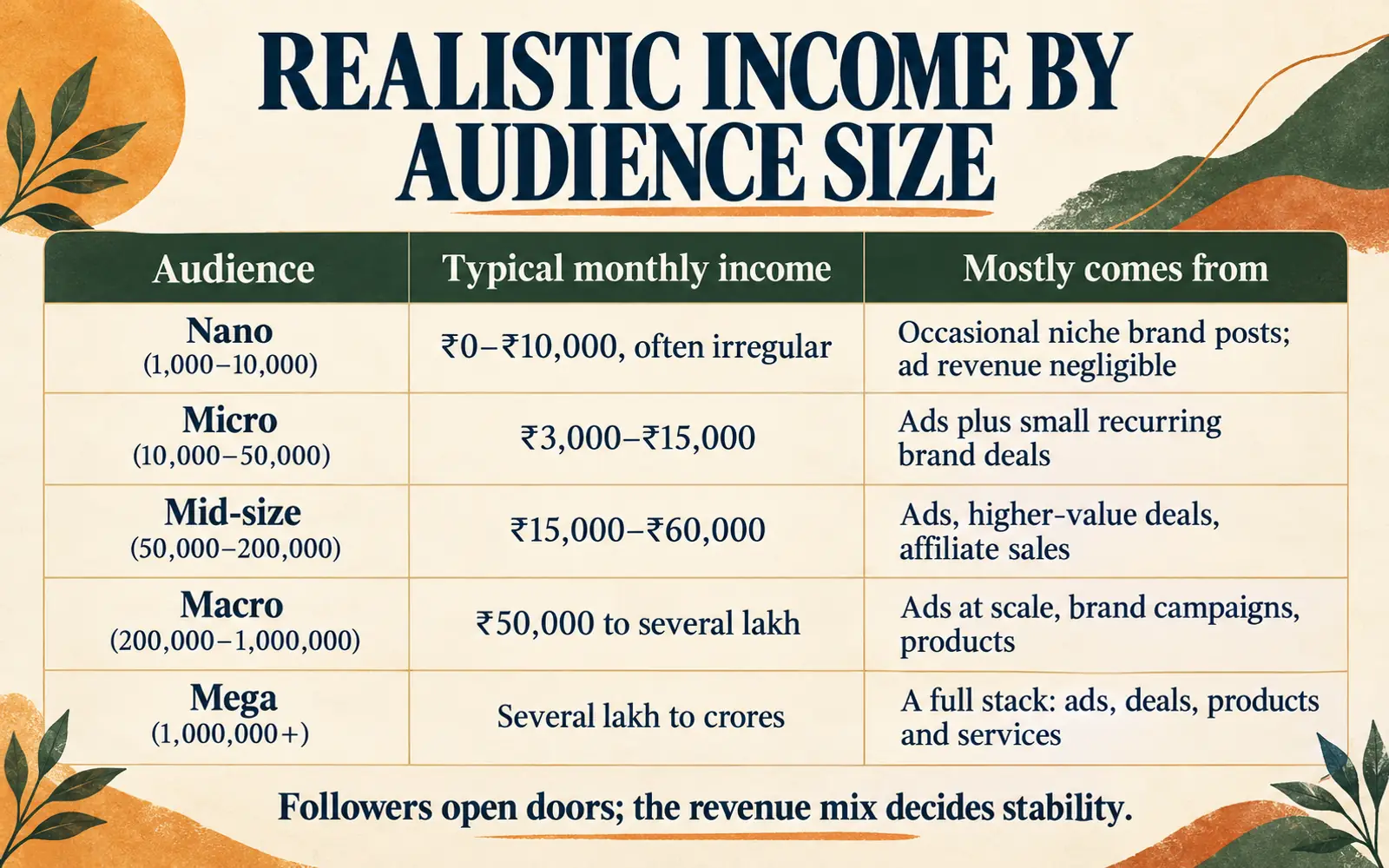 Comparison table showing realistic monthly creator income ranges from nano to mega audience sizes