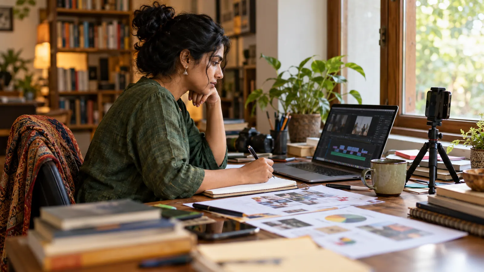 Indian content creator planning a video at a lived-in desk with a laptop, camera, notebook and phone tripod
