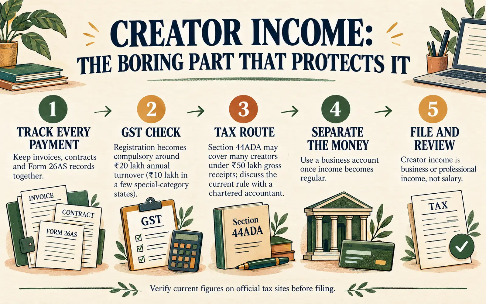 Five-step creator income tax and payment chain covering records, GST, Section 44ADA, separate money and filing review