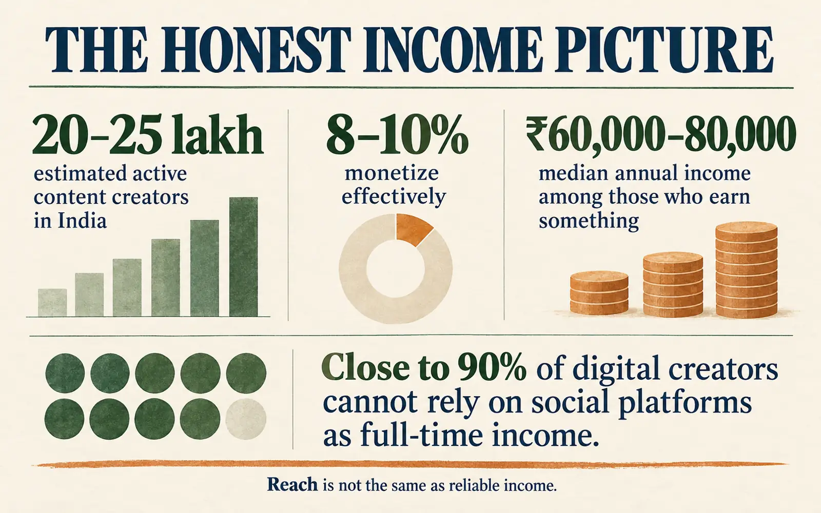 Stat panel showing the estimated number of Indian content creators, the share who monetize effectively and typical annual income