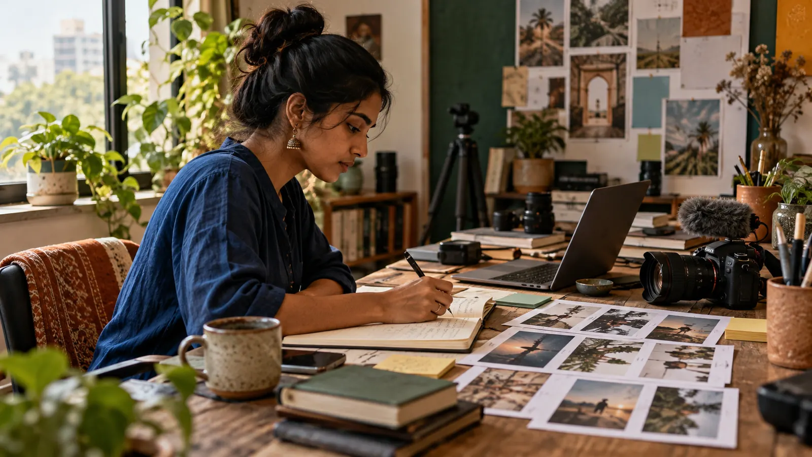Indian professional reviewing creator-economy job and learning notes at a quiet desk, showing the career paths built around creators