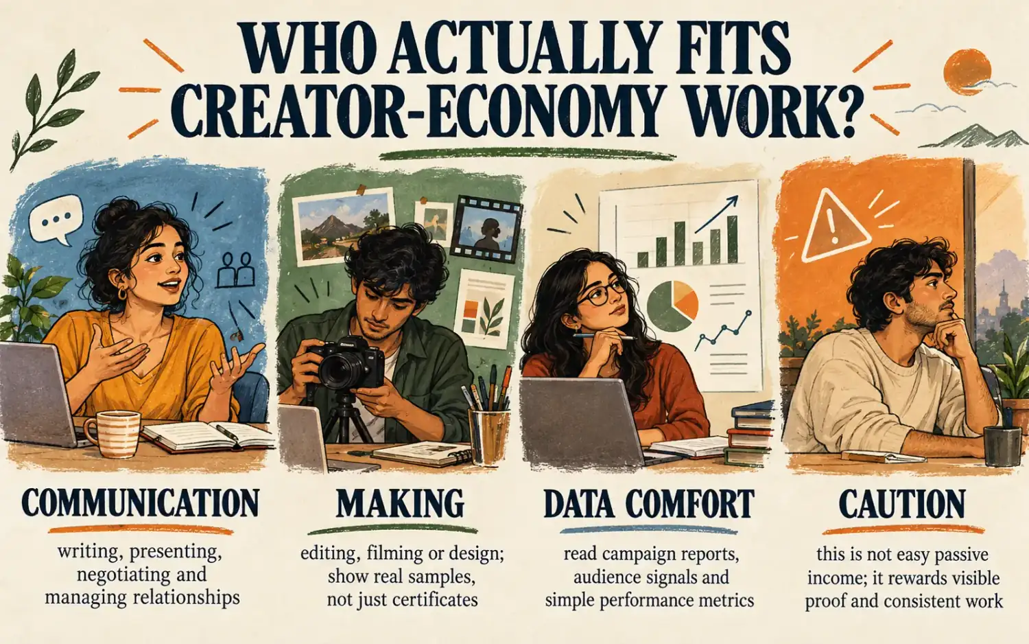 Skill map for creator-economy work connecting communication, making, data comfort and an honest fit check