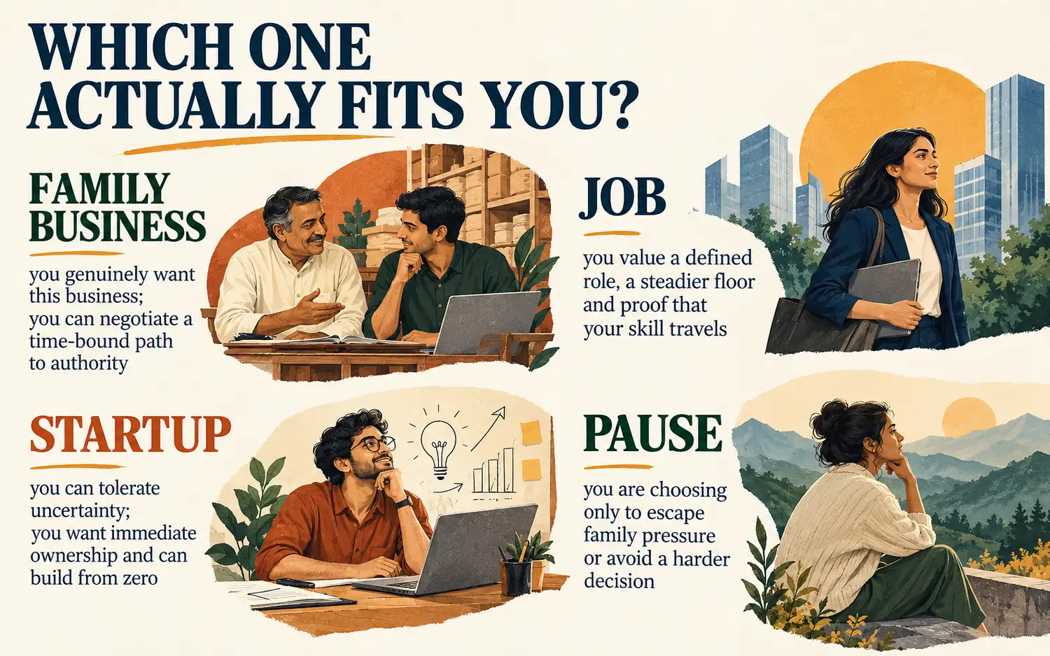 Asymmetrical fit test comparing when to lean toward a family business, job, startup or pause for support
