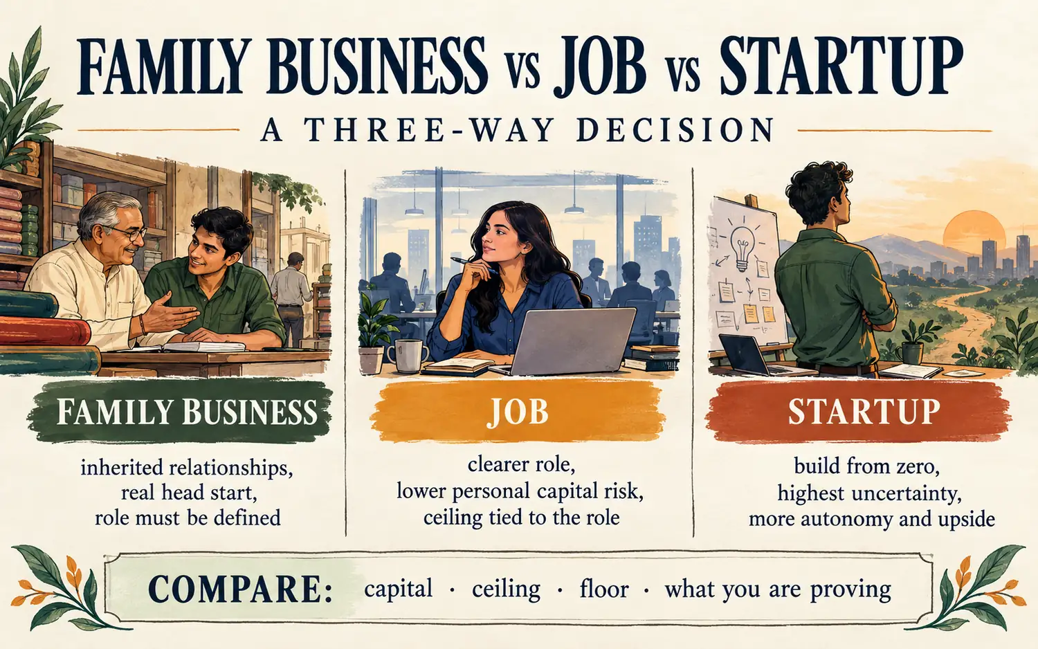 Summary card comparing family business, job and startup by leverage, validation, ownership and the trade-offs to compare