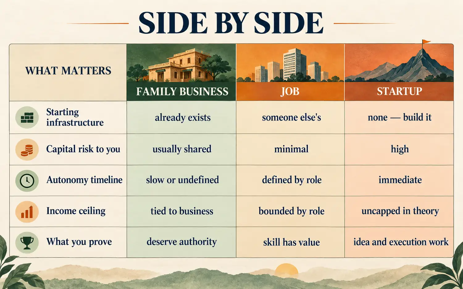 Comparison table of family business, job and startup infrastructure, capital risk, autonomy, income ceiling and proof