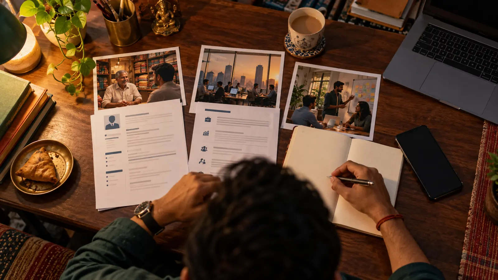 Indian professional comparing a resume, job description and notebook at a neighbourhood workspace while weighing family business, job and startup paths