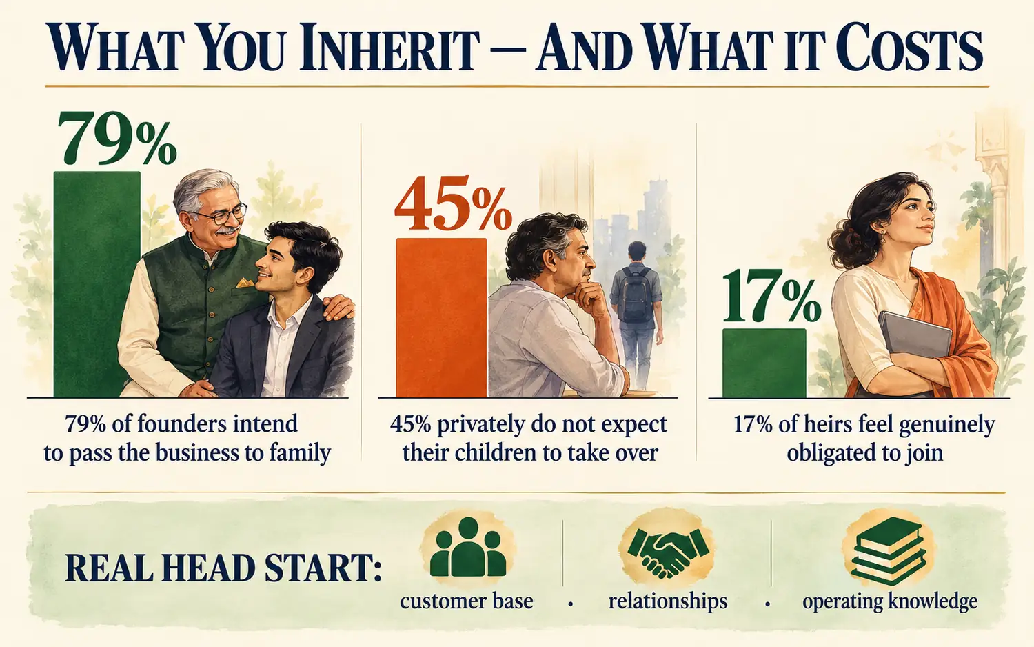 Stat panel showing founder succession intentions, private expectations and heir obligation in family businesses