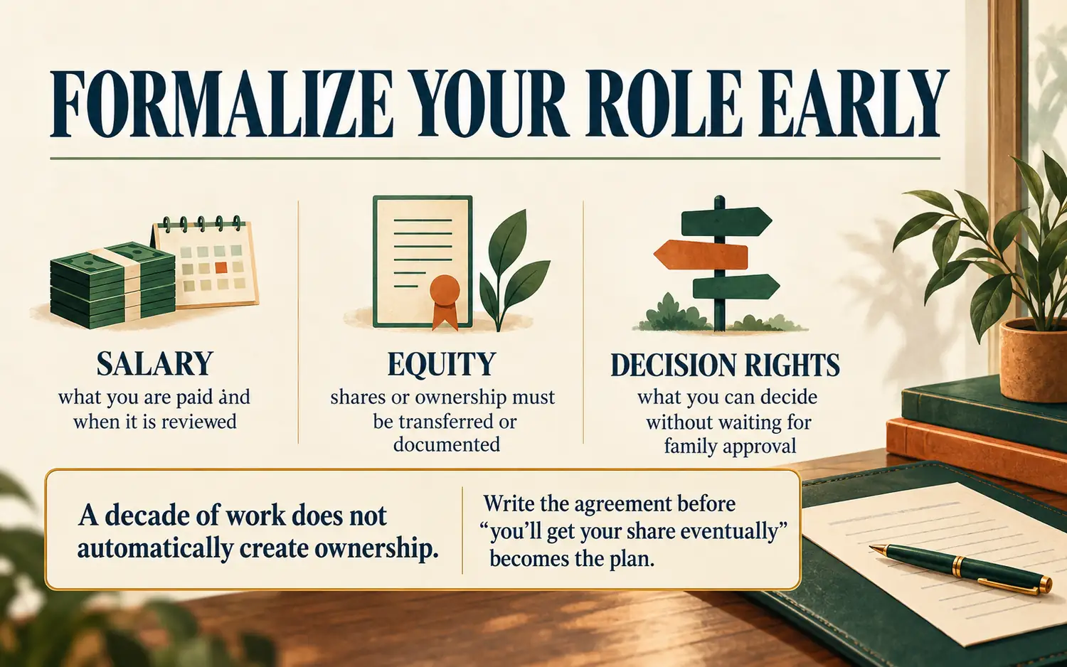 Explainer panel showing salary, equity and decision rights that should be formalized in a family business role