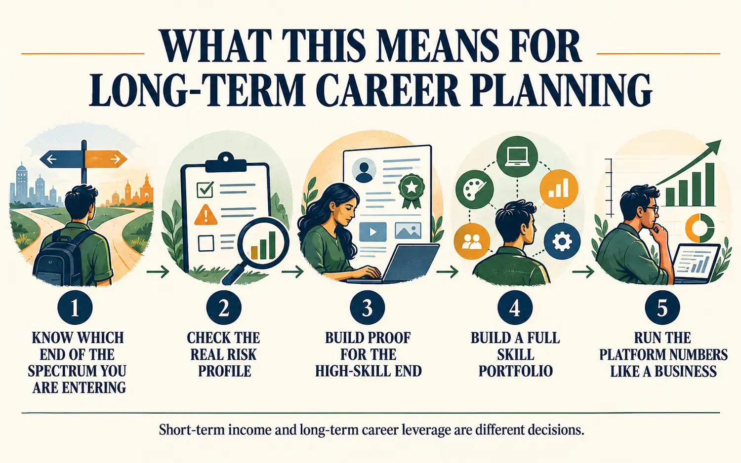 Linear career-planning chain from identifying the gig-work spectrum to checking risk, building proof, developing a skill portfolio and running the numbers