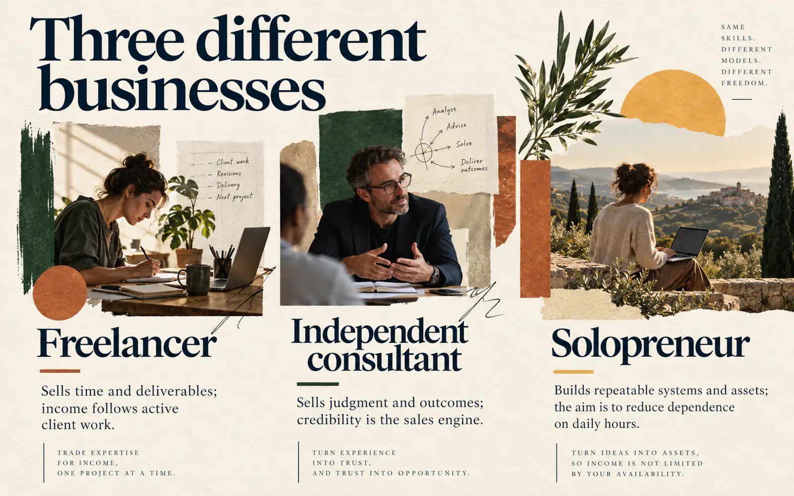 Asymmetrical comparison of freelancer, independent consultant and solopreneur models by how time, judgment and repeatable systems create income