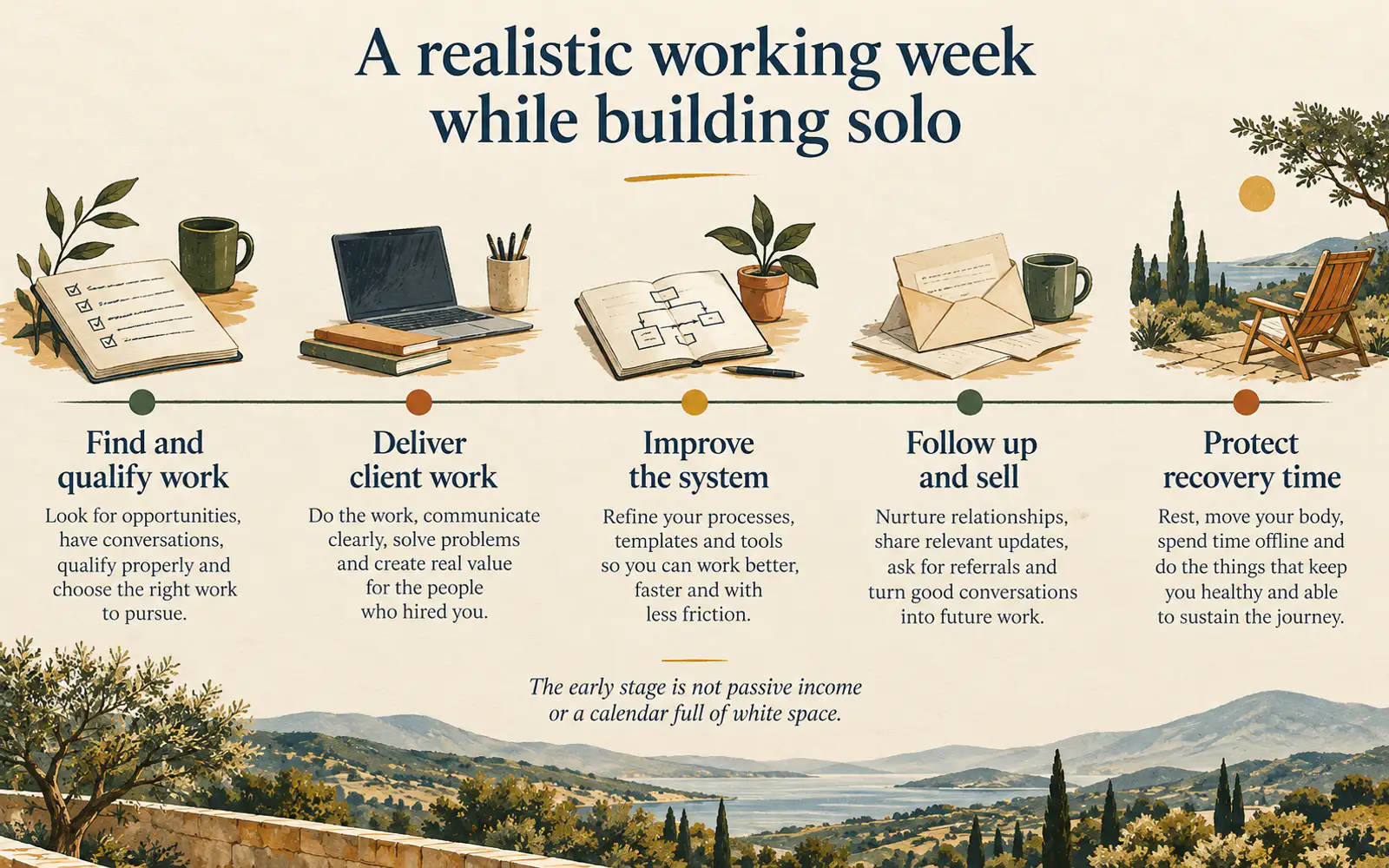 Chronological timeline of a realistic solopreneur working week: finding work, delivering, improving systems, selling and protecting recovery time