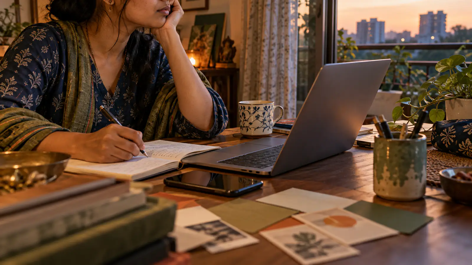 Indian independent worker reviewing a laptop project, notebook and phone at a home workspace, illustrating the shift from freelance hours to a systemized solo business