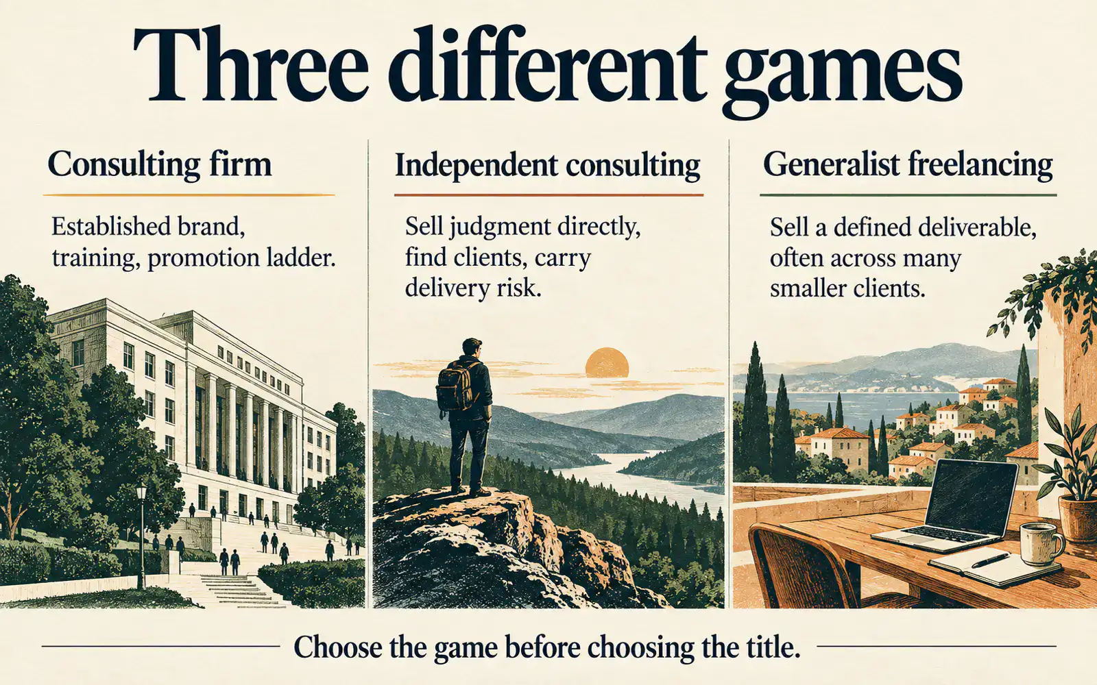 Asymmetrical comparison of joining a consulting firm and working as an independent consultant