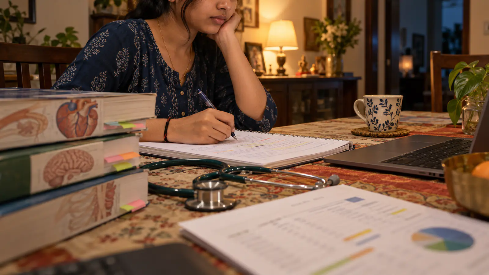 Independent consultant in India reviewing a career decision with family at a warm home workspace