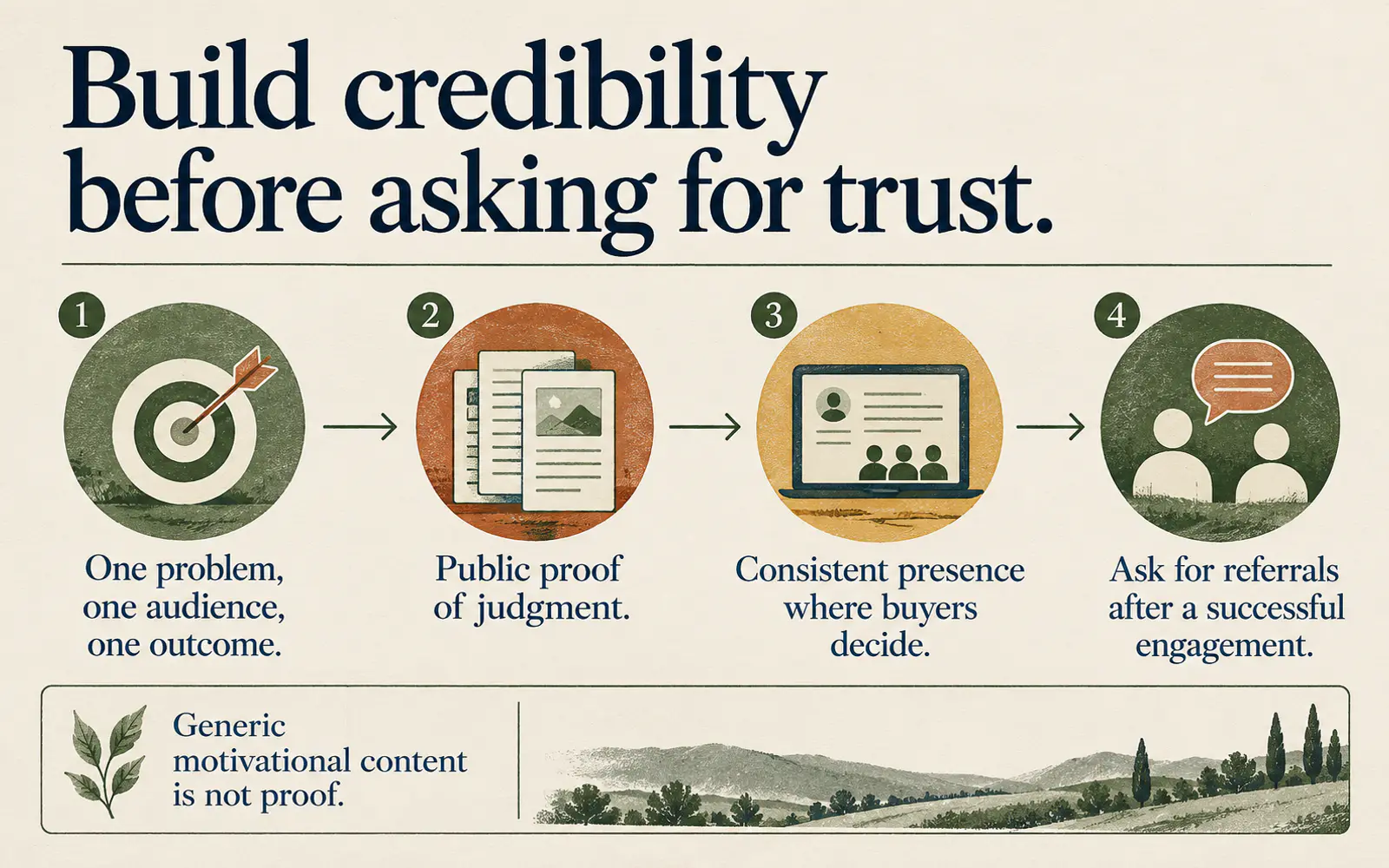 Linear roadmap showing four ways an independent consultant builds credibility and four habits that waste effort