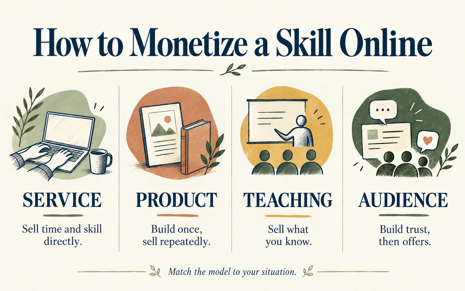 Summary card comparing service-based, product-based, teaching-based and audience-based ways to monetize a skill online in India