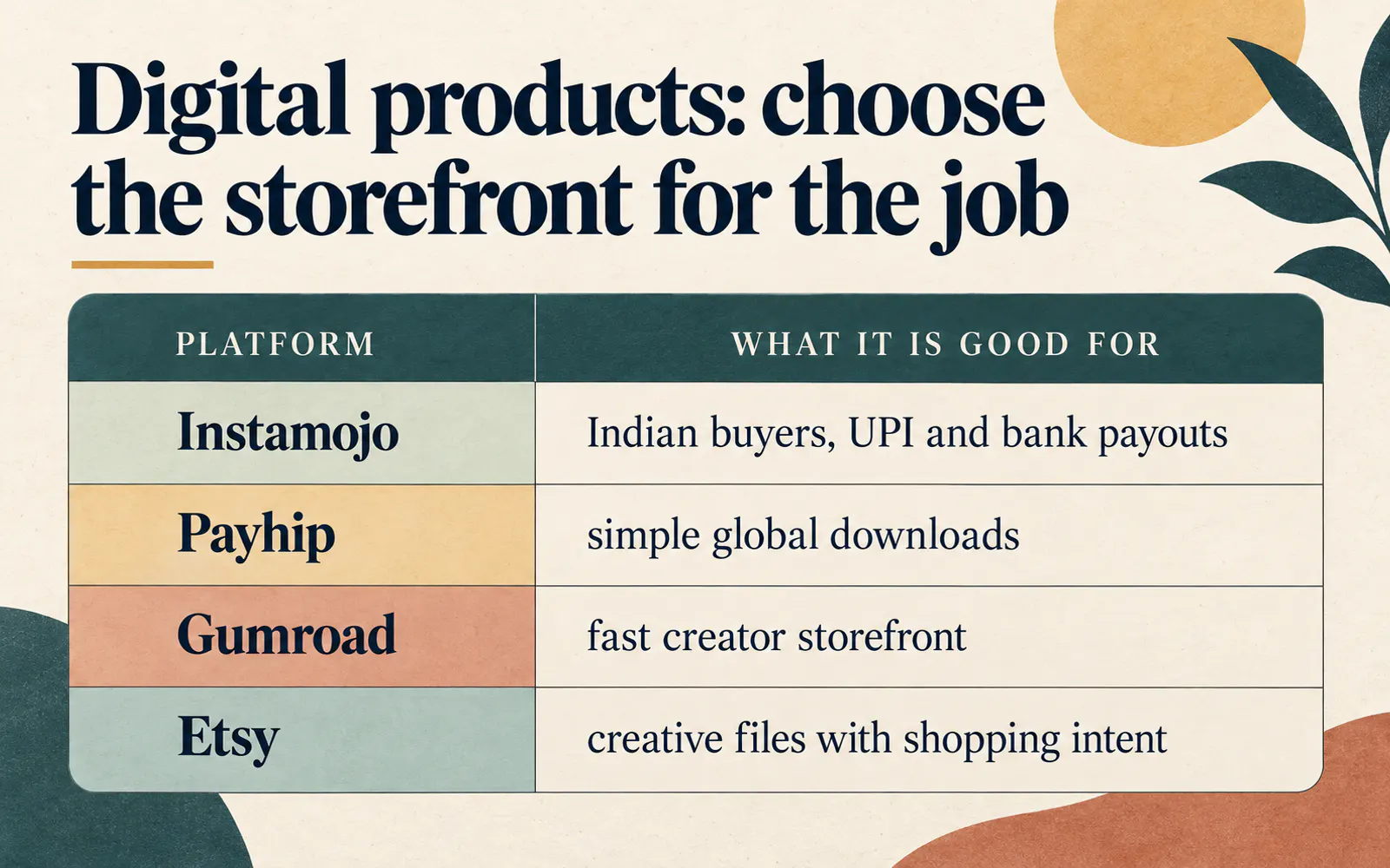 Comparison table of Instamojo, Payhip, Gumroad and Etsy showing the kind of digital product storefront each platform is suited to
