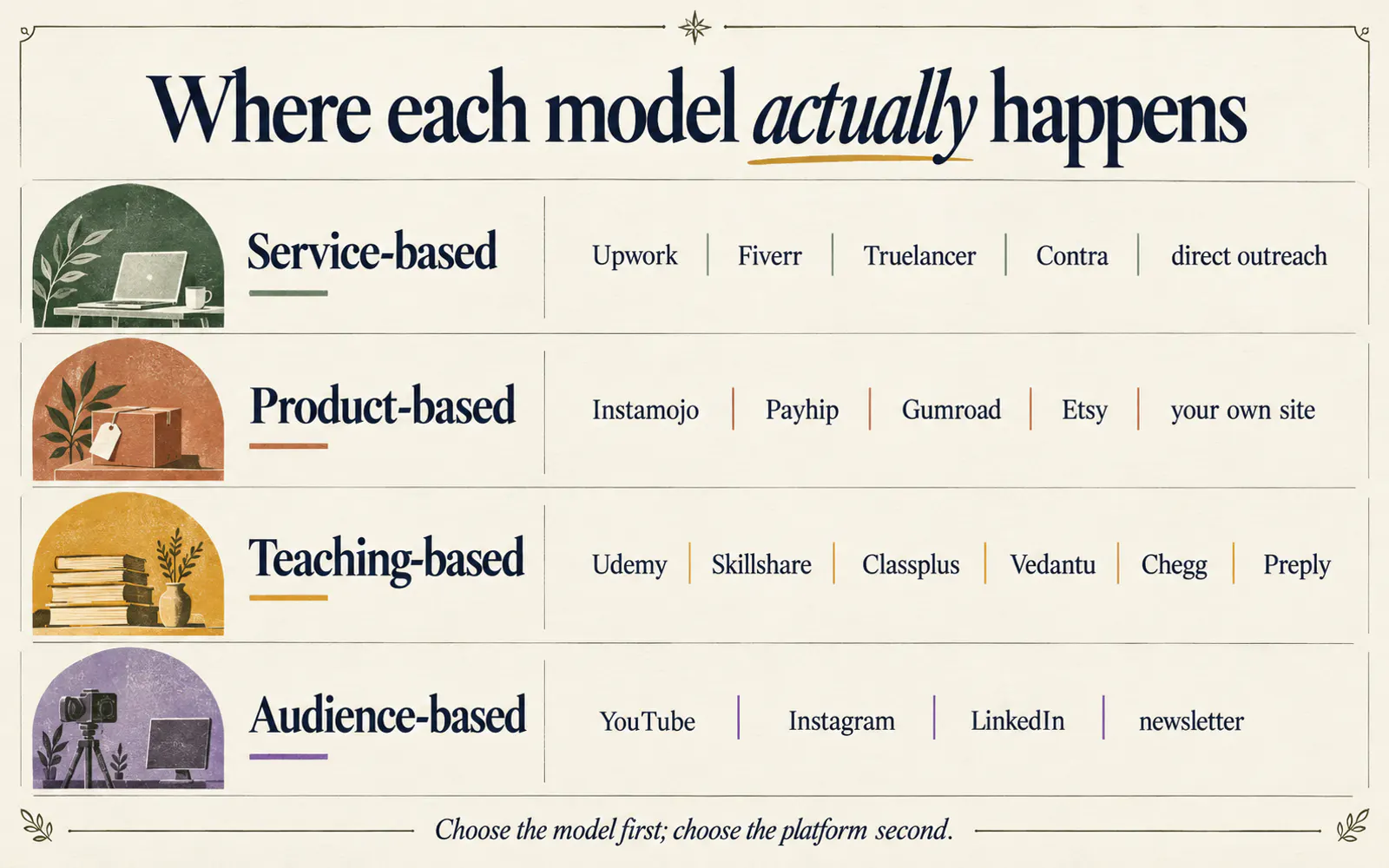 Comparison map connecting service, product, teaching and audience-based income models with the platforms where each one commonly happens