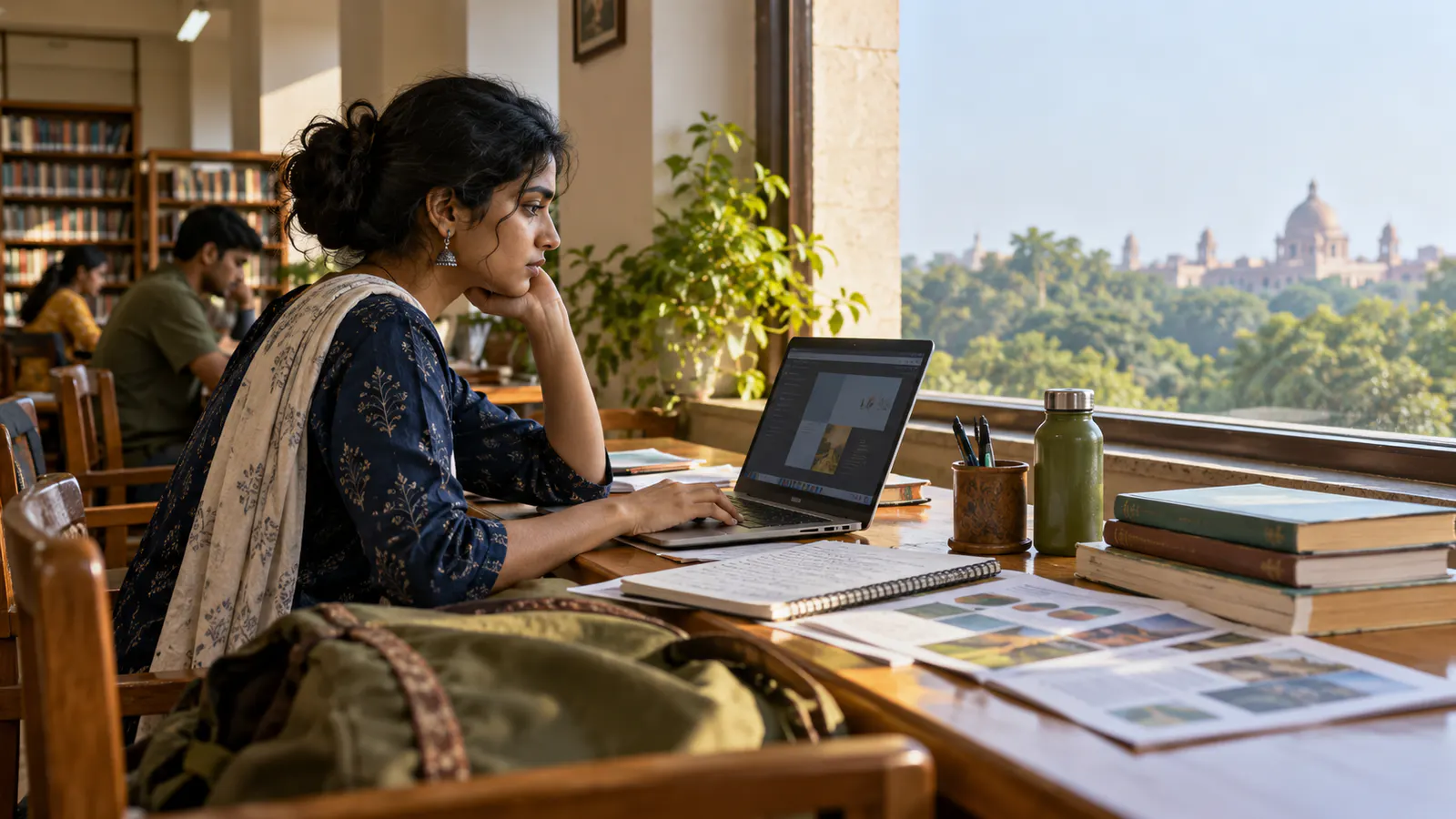 Indian learner reviewing a small laptop project beside notebooks and career notes in a quiet library, illustrating the choice between building a skill and choosing the right online income model
