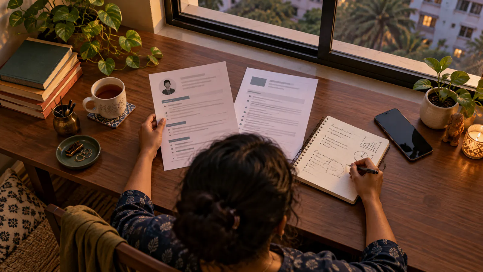 Indian professional comparing a resume, job information, notebook and phone at a neighbourhood workspace, illustrating the capital and risk decision between a business and a job