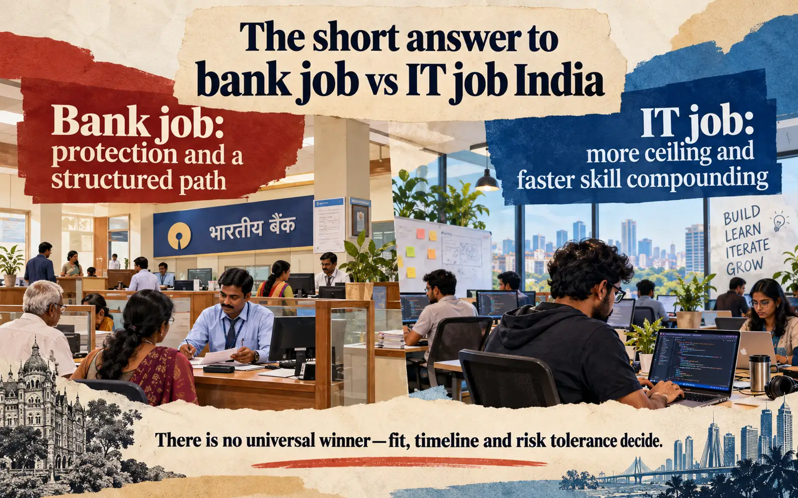 Asymmetrical comparison showing the bank job protection trade-off against the IT job ceiling and faster skill compounding