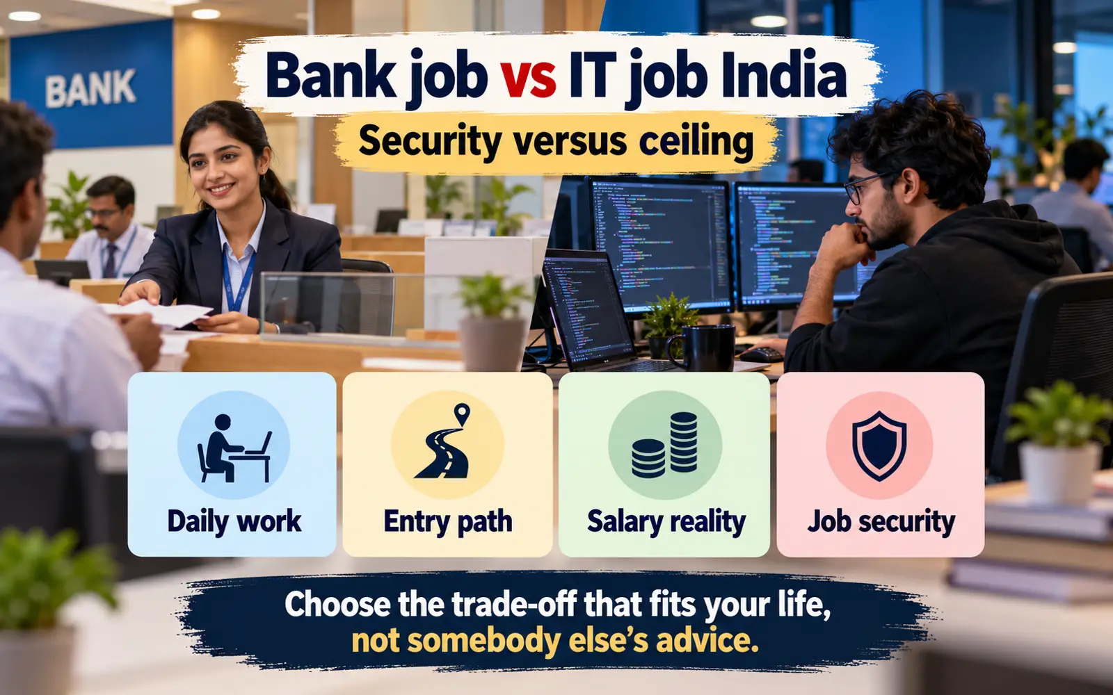 At-a-glance summary comparing bank and IT careers across daily work, entry path, salary reality and job security